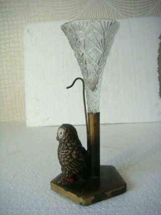 RRR RARE Antique Metal Hand Painted Owl Glass Vase 3