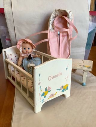 Vintage Vogue Ginnette Doll,  Crib,  Carrier,  And Chair