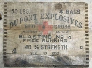 Vintage Wooden Dovetail High Explosives Crate Dupont Dynamite Dangerous Wood Box