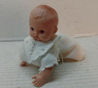 Vtg Baby Crawling Celluloid Wind Up Doll Japan Lace Doily Outfit Key Wind