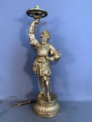 LG Antique 19thC VICTORIAN Newel Post BANNISTER LAMP Old SOLDIER in ARMOR STATUE 2