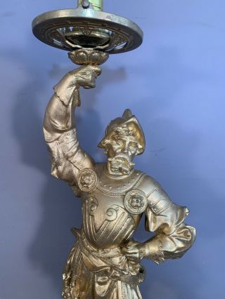 LG Antique 19thC VICTORIAN Newel Post BANNISTER LAMP Old SOLDIER in ARMOR STATUE 3
