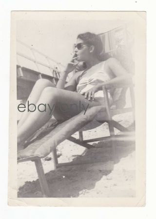 Pretty Pinup Girl Smoking Lounging 1940s Vernacular Snapshot Beach Photo