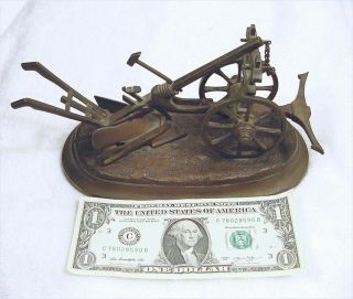 Antique French Bronze Miniature Plow Horse Hand Plow Model 19th Century - Nr