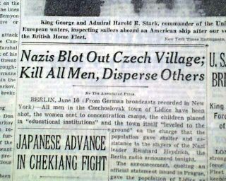 Lidice Czechoslovakia Massacre Nazis & Battle Of Midway Wwii 1942 Old Newspaper