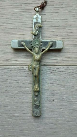 Antique Metal & Ebony Wood Inlay Catholic Priest Pectoral Crucifix - 3,  6 "