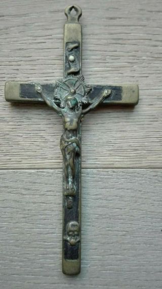 Antique Copper & Ebony Wood Inlay Catholic Priest Pectoral Crucifix - 4,  6 "