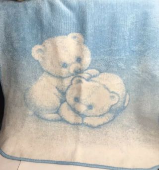 San Marcos Blue White Baby Blanket Teddy Bears 45x40