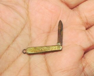 Antique Miniature Pocket Folding Knife Engraved Brass And Steel