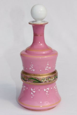 Rare Antique Pink Opaline Glass Hand Enameled Perfume Bottle Numbered France