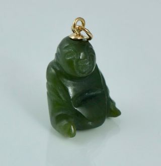 14k Buddha Green Nephrite Jade Pendant Charm Vintage Buddah Budda Yellow Gold