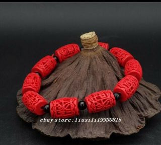 Fashion Carving Column Shape Red Cinnabar Vogue Elasticity Bracelets 12x16mm