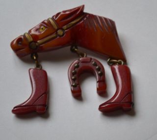 Vintage Bakelite Horse Dangling Shoes And Boots Pin Brooch - 2.  5 Inches Long
