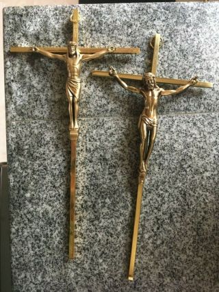 2 Large Vintage Gold Finish Wall Mount Crucifixes 1950 - 1960 