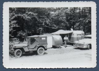 Vintage Found Photo Snapshot Ca.  1940s Jeep,  46 - 48 Chrysler At Trailer Camp Woods