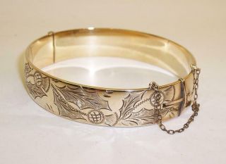 Vintage 1/5th 9ct Gold Bracelet Scottish Thistle Design Bangle With Safety Chain