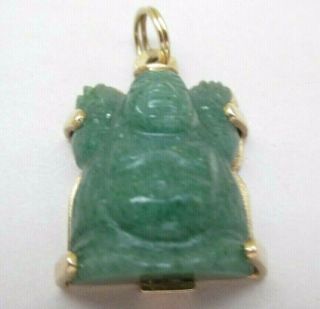 Vtg Solid 14k Yellow Gold Carved Green Jade Buddha Pendant Charm