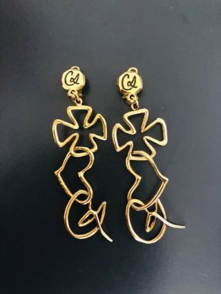 Christian Lacroix Vintage Earrings Clip On Earrings Long Dangling Cl 1990s Gold