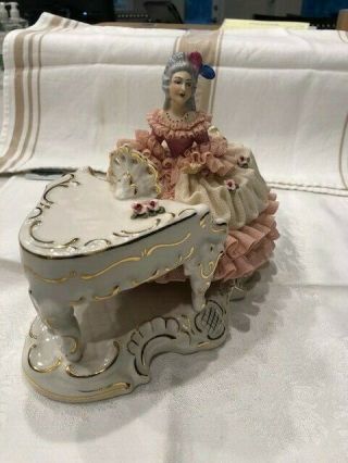 Victorian Style Dresden Porcelain Laced Lady Figurine Playing Piano