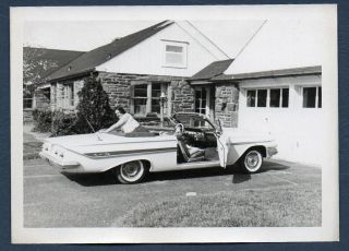 Vintage Found Photo Snapshot Ca.  1961 Chevy Impala Convertible Lady Puts Top Down