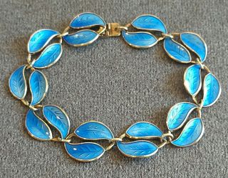 Vtg David Andersen Sterling Silver Guilloche Blue Enamel Double Leaf Bracelet