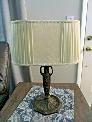 Antique Table Lamp Roses Cast Iron & Brocade Silk Shade Plb & G Co Pittsburgh