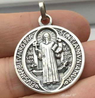 Big Old Sterling Silver Religious Medal Exorcism Saint Benedict Benoît Exorcisme