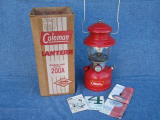Vintage 1961 Red Coleman 200a Gas Lantern W/ Box & Papers Very