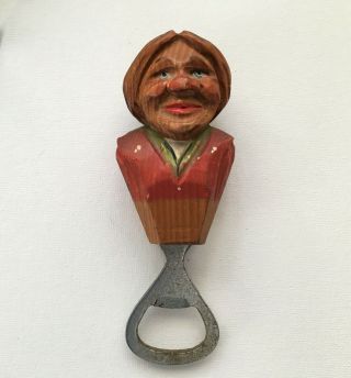 Vintage Hand Carved Wood Figural Bottle Opener Red Shirt