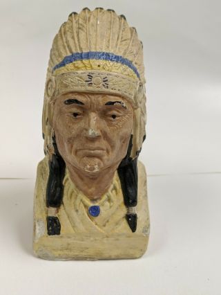 Vintage Chalkware Indian Chief Head Bust 4 1/2 " Tall Shows Paint Loss Still Neat