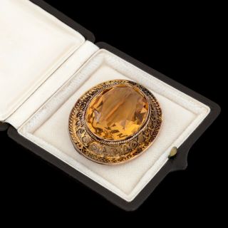 Antique Vintage Nouveau 14k Rose Gold Filigree Madeira Citrine Huge Pin Brooch