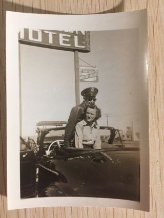 Black & White Vintage Photo Man Woman Convertible Car Motel Motor Court Signs