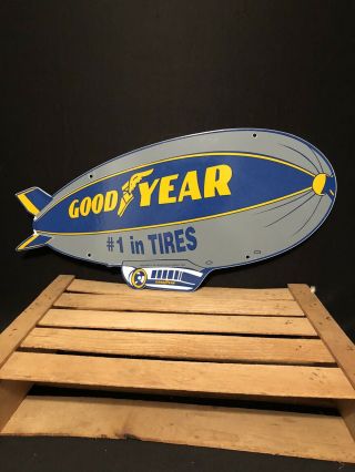 Vintage Goodyear Tires Porcelain Aviation Blimp Service Sales Sign Marked 1962
