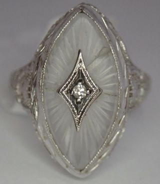 Antique Art Deco 14k White Gold Filigree Quartz Rock Crystal Diamond Ring