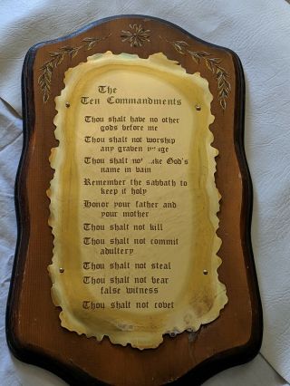 Vintage Wood & Brass Ten (10) Commandments Wall Plaque