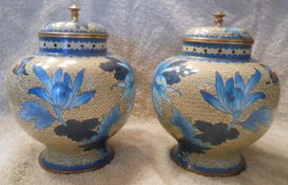 Pair Vintage Chinese Cloisonne Enamel Floral Jars Urns Ginger With Lids