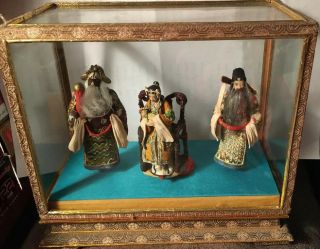 Set Of 3 Vintage Chinese Figurines,  In Glass Case.  Hand Made?