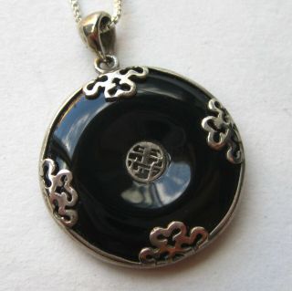 Vintage Chinese Black Onyx Disc Sterling Silver Necklace Pendant & Chain