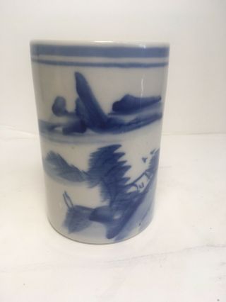 Chinese Blue And White Landscape Porcelain Brush Pot