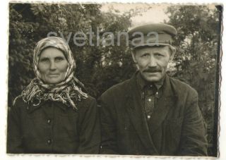 1950s Couple Granny & Grandpa Old Man Peasant Woman Russian Types Vintage Photo