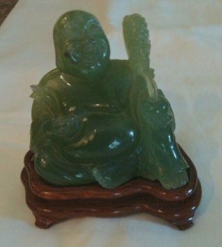 3 - 1/2 " High Jade Buddha On Wooden Stand