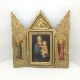 Vintage Rome Italy 1938 Triptych Icon Madonna Jesus Tri - Fold Mother And Child