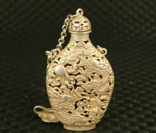 Rare Asian Old Tibet Silver Hand - Carved Dragon Figure Statue Snuff Bottle