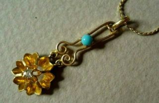 Antique Victorian 14k Yellow Gold Diamond & Turquoise Lavalier Chain Necklace