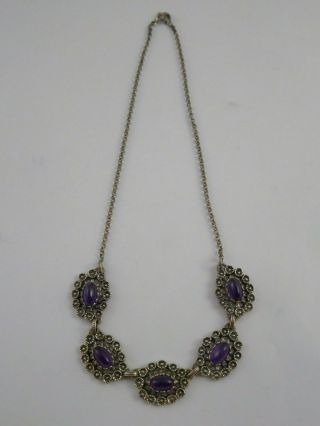 Lovely Vintage Danish Solid Silver And Amethyst Flower Necklace Bas 835