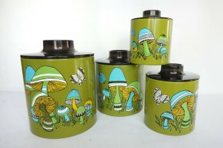 Set Of 4 Vintage Metal Mushroom Nesting Canisters Retro Mod Ransburg Blue Green