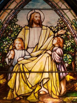 Vintage Church " Stain Glass " Picture Sun Catcher Jesus & Children & Lead Frame