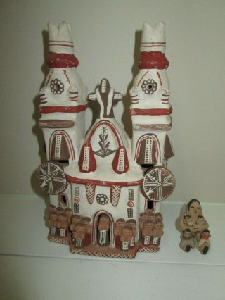 Vintage Native American Pueblo ? Pottery Church ? & Mini Miniature Storyteller
