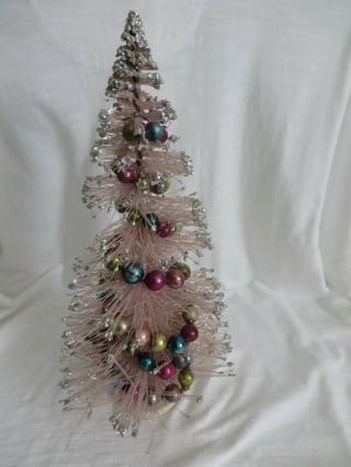 Vintage 13 " Pale Pink Bottle Brush Christmas Tree W/ Mercury Glass Garland