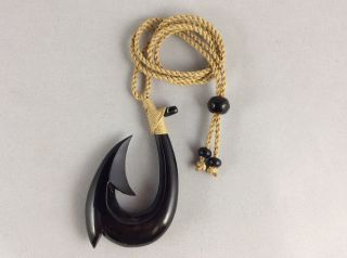 Hawaiian Fishhook Necklace Carved From Buffalo Horn 3 " Tall.  With Adjustable Cord